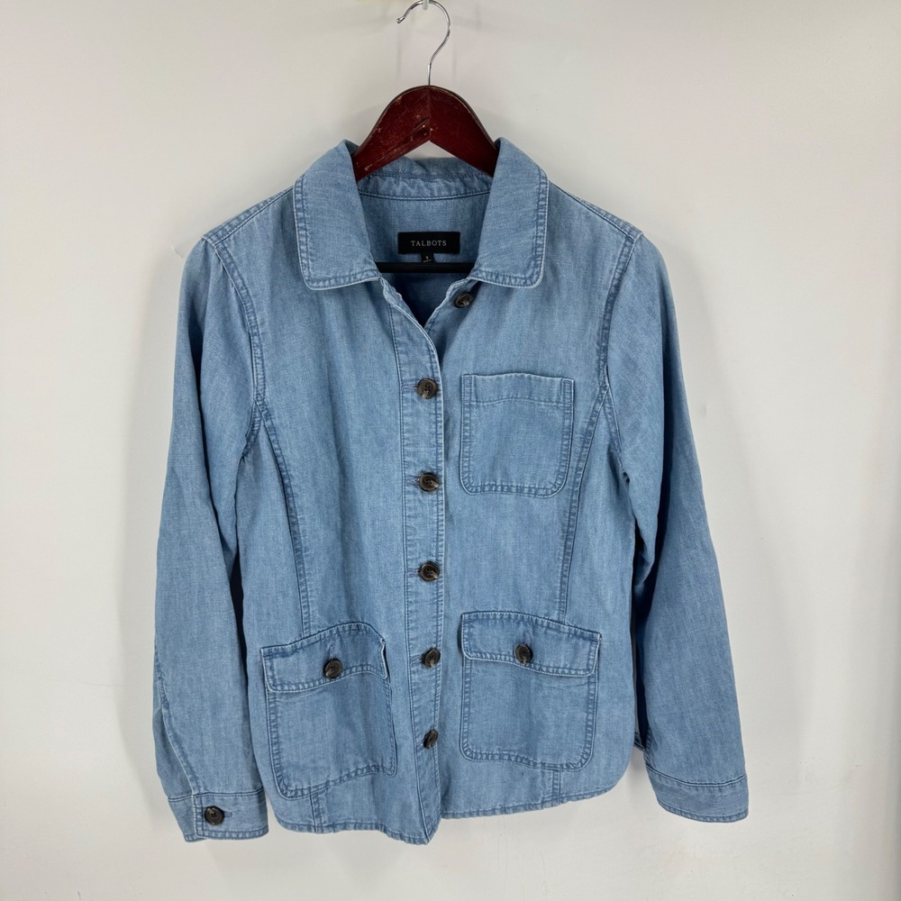 Talbots Light Wash Denim Chore Jacket Small Utility Cotton Hemp Workwear Layer